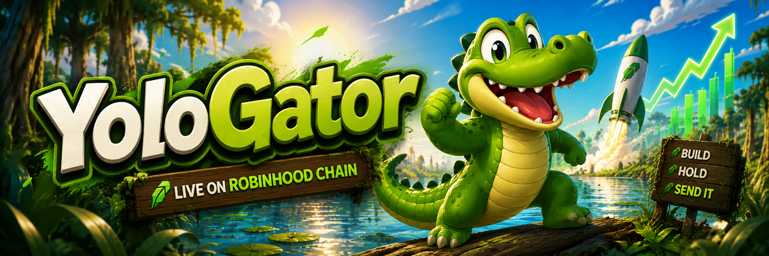 YoloGator world banner with forest, lake, rocket and rising chart